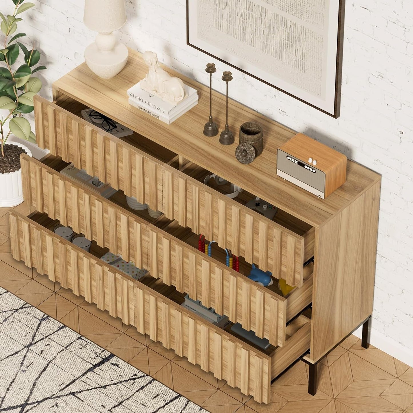 Fluted 6 Drawer Dresser with Metal Stand, Mid Century Modern Dresser,Wood Dresser for Bedroom,Accent Chest of Drawers for Bedroom,Living Room,Hallway-4