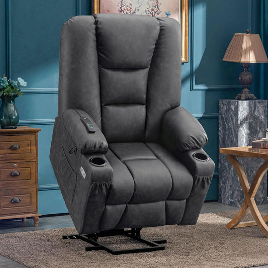 Large Power Lift Recliner Chair Sofa with Massage and Heat for Big and Tall Elderly People, 3 Positions, Cup Holders, and USB Ports, Faux Leather 7539 (Large, Dark Grey)-1