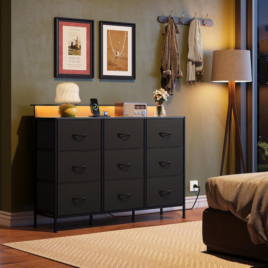 Dresser TV Stand for 55 Inch, Led Dresser for Bedroom, Black Dressers for Bedroom with LED Lights and Charging Station, Chest of Drawers, 9 Fabric Dresser Drawers, Wood Top, Living Room, Closet-1