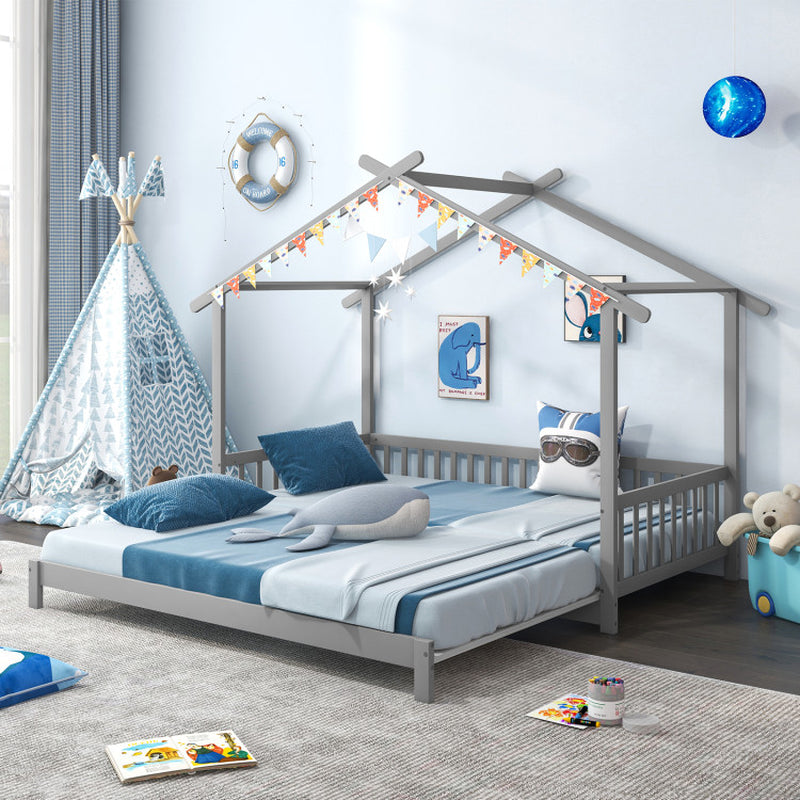 Extendable House Bed Twin to King Daybed with Roof and Fence Rails-0