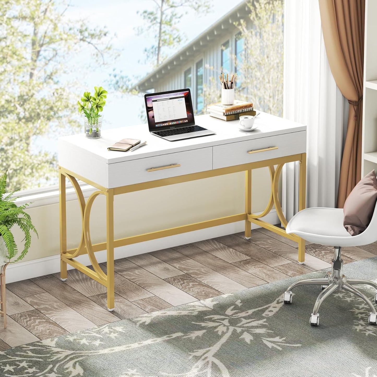 Modern Computer Desk with 2 Drawers, 41 Inches Study Writing Office Desk for Home Office, Bedroom, Makeup Vanity Table Desk with Gold Metal Frame, White & Gold-3