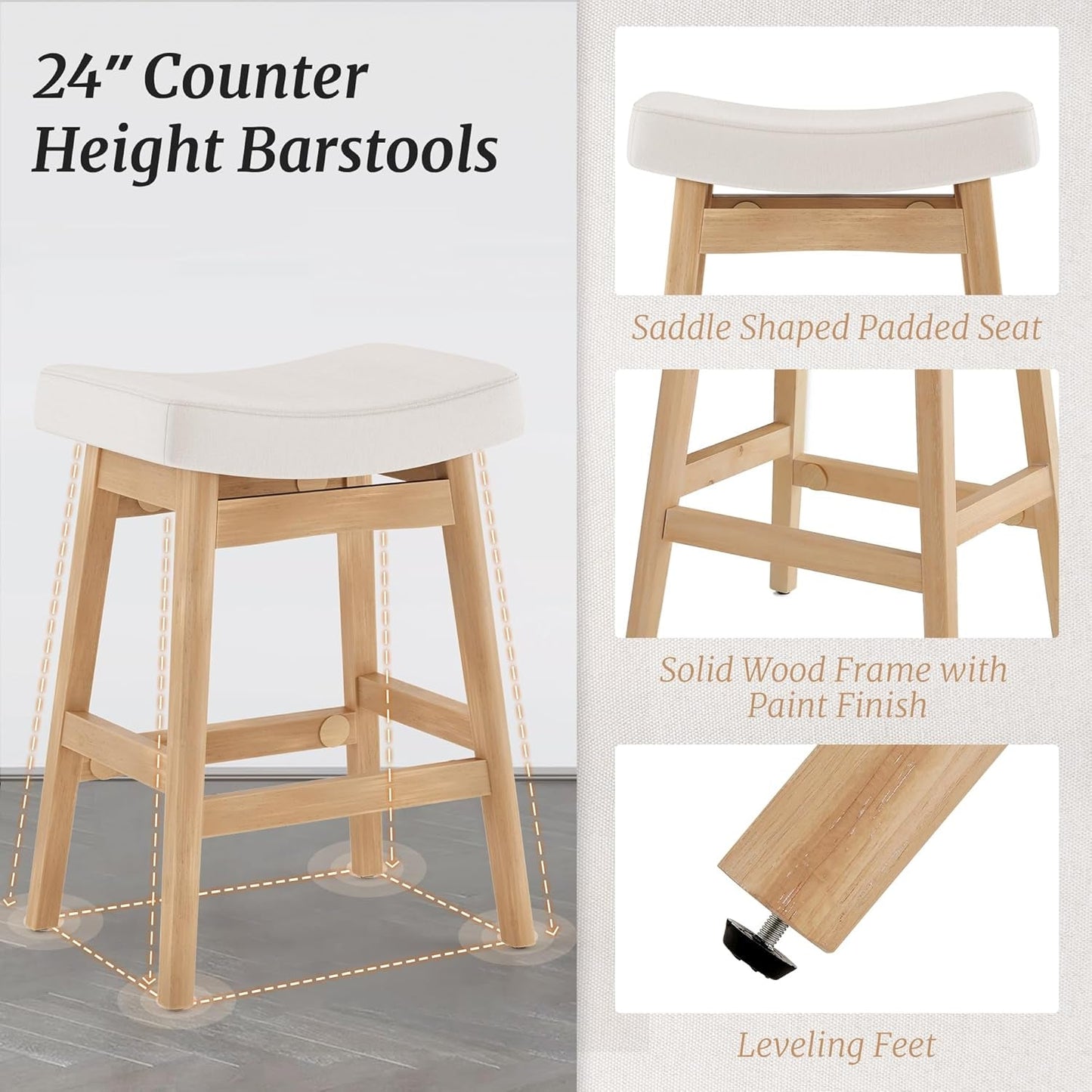 Bar Stools Set of 3, Barstools with Sturdy Wood Legs, Saddle Seat Counter Height Bar Stools for Kitchen Counter, Bar, Dining, 24 Inch Farmhouse Counter Stools, Beige-4