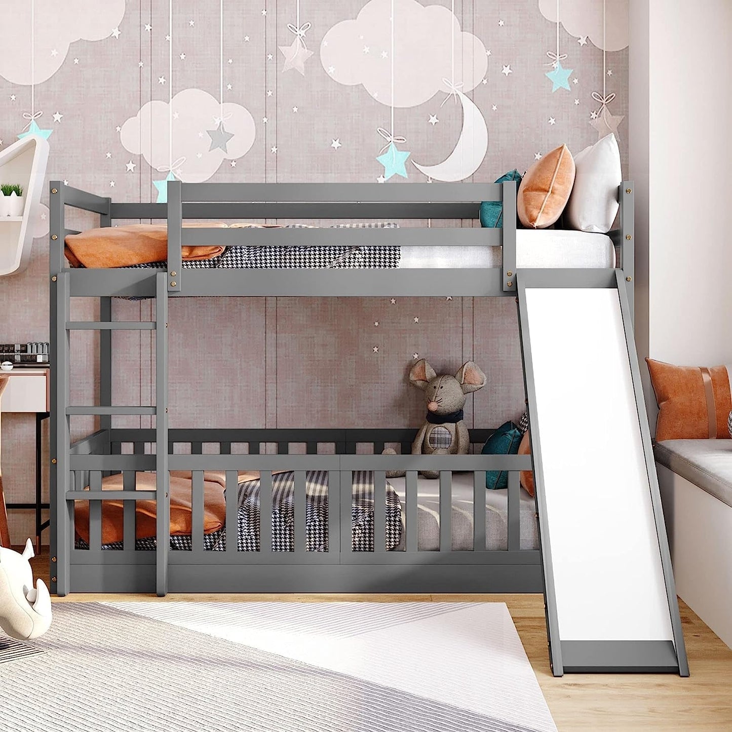 Gray Twin Bunk Bed with Slide and Ladder-0