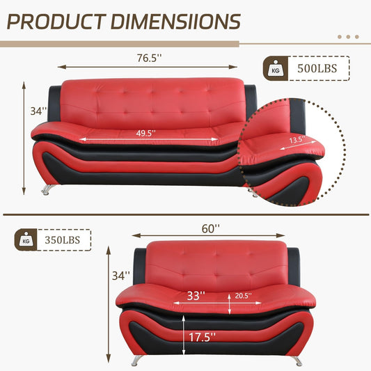 Faux Leather Sofa Couch Set, Living Room Sofa and Loveseat Set, Leather Couch and Loveseat Set for Living Room Office Home (2 Piece Leather Living Room Set, Red)-1