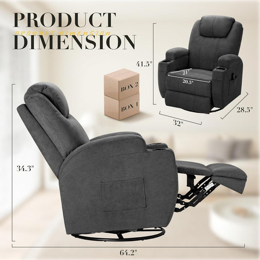 Recliner Chair,360° Swivel Rocker Chair for Adults, Rocking Recliner Chair with Massage, Comfy Single Sofa with Side Pockets Cup Holders for Living Room, Bedroom, Nursery (Fabric, Gray)-1