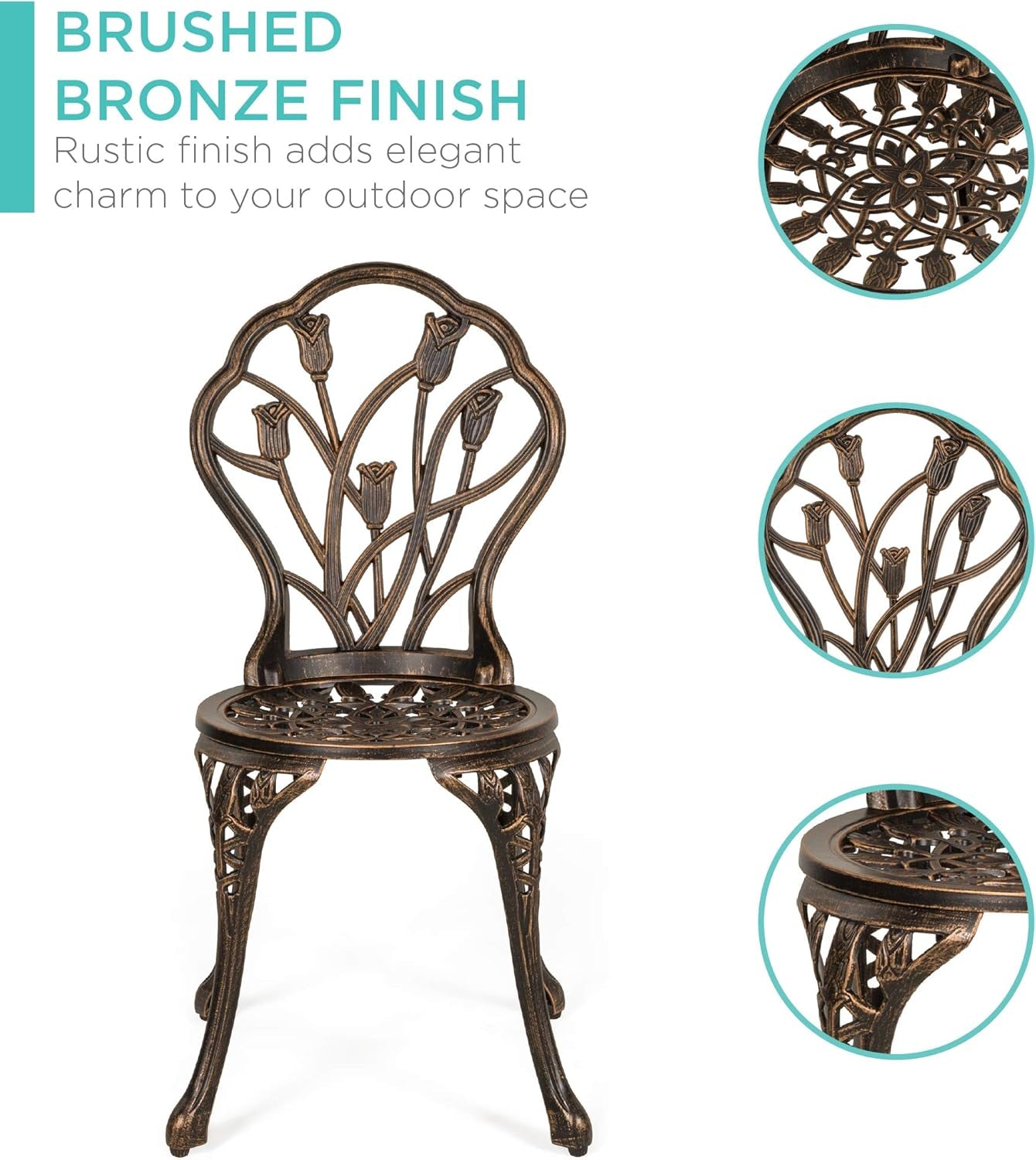 3-Piece Outdoor Rust-Resistant Cast Aluminum Patio Bistro Set W/Tulip Design, Antique Finish - Copper-4
