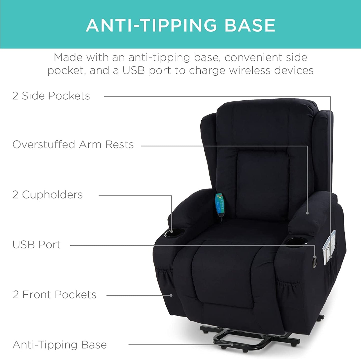 Electric Power Lift Linen Recliner Massage Chair (Black)-4