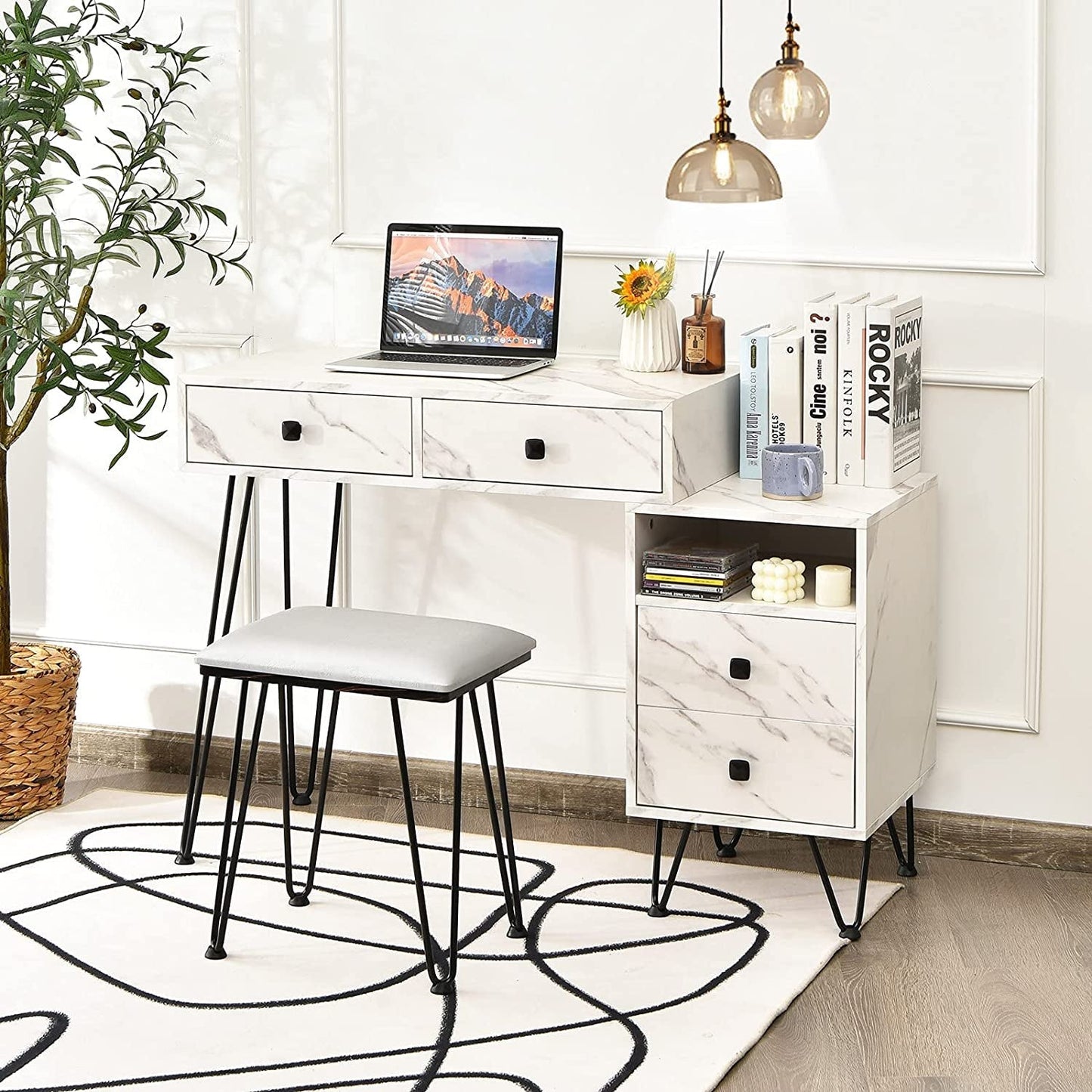 Vanity Set with Lighted Mirror, Left or Right Side Cabinet (Marble White)-0