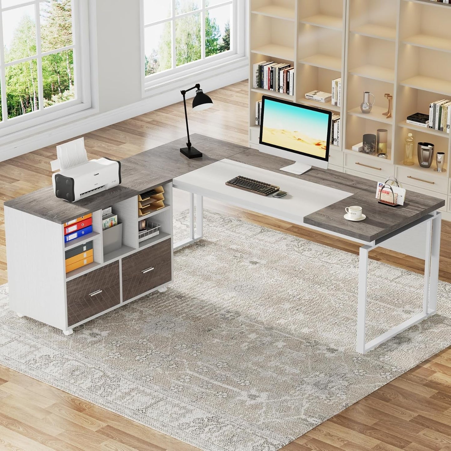 L-Shaped Executive Desk with Reversible File Cabinet, 63" Office Desk with Storage Drawers, L-Shaped Computer Desk with Drawer Cabinet for Hanging Letter Size Files,Gray & White-2