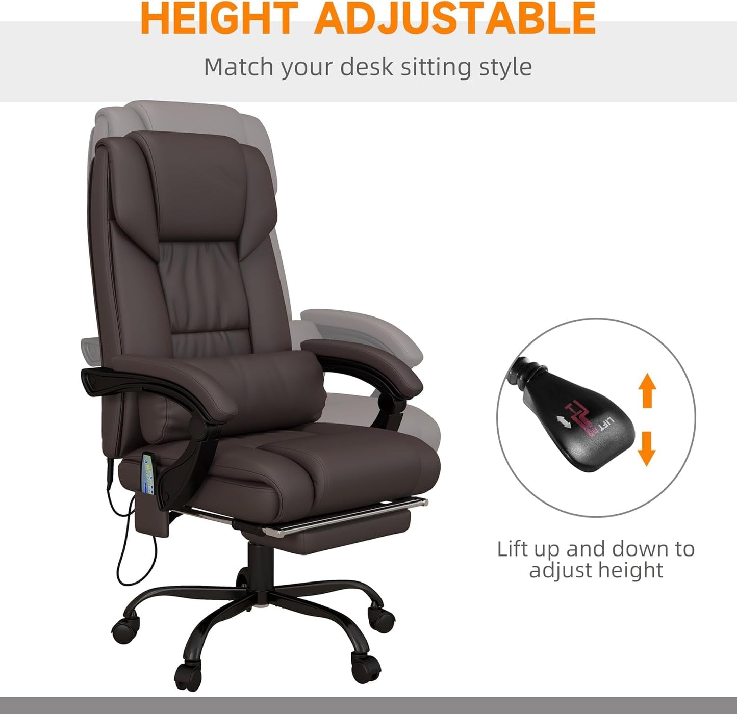 High Back Massage Office Chair with 6 Vibration Points, PU Leather Reclining Computer Chair, Ergonomic Desk Chair with Footrest Adjustable Height and Remote, Brown-4