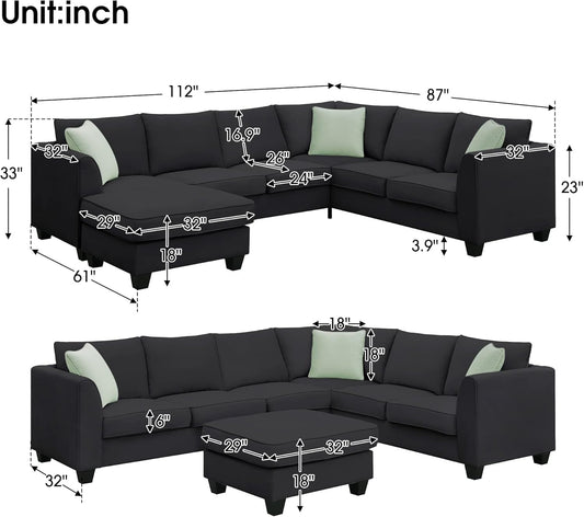 Large U Shaped Sectional Sofa with Removable Ottoman for Living Room, 7 Seats Modular Sofa with Wide Chaise Lounge & 3 Pillows, 112” Fabric Corner Couch Set for Large Space, Black-1