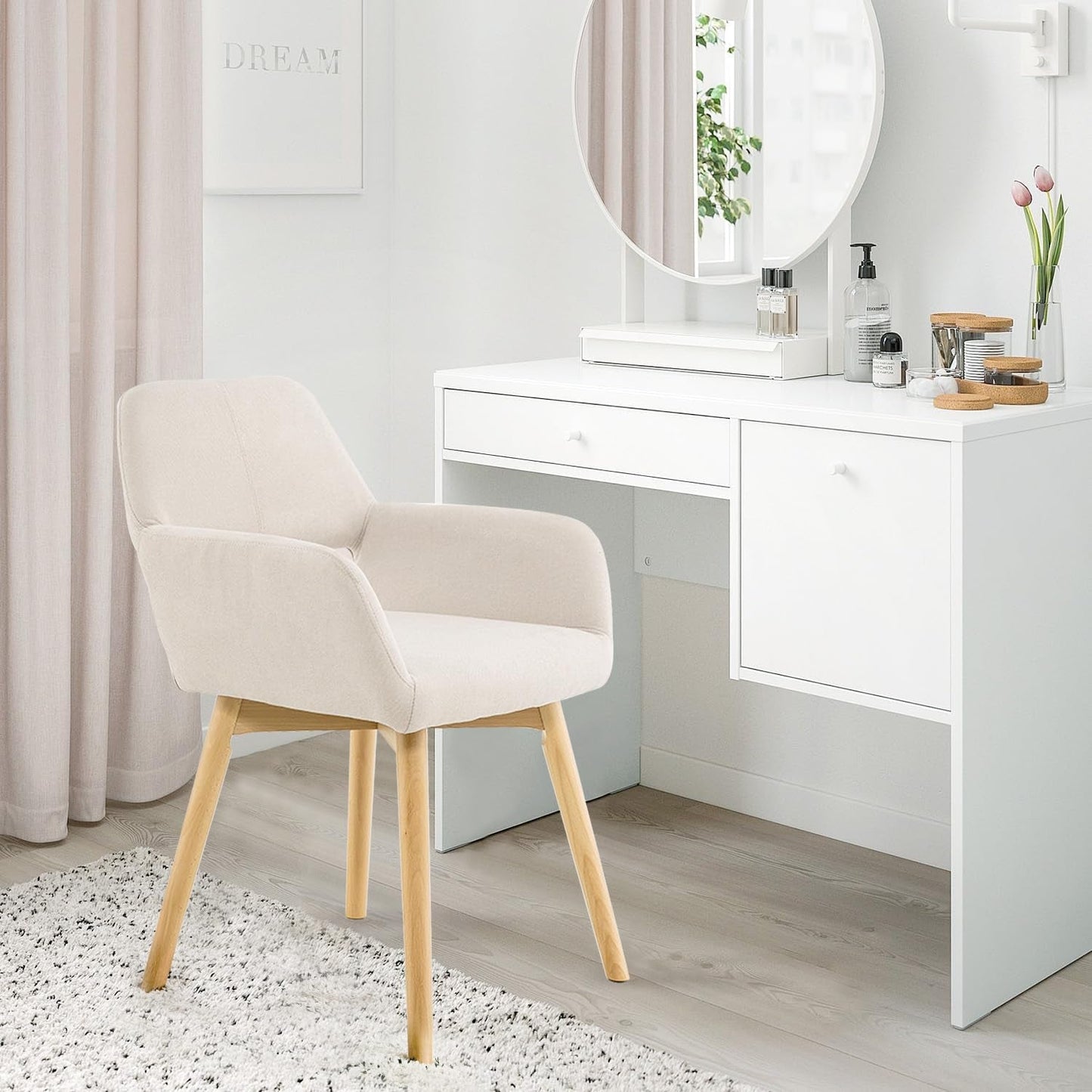 Desk Chair No Wheels Vanity Chair Makeup Chair Comfy Accent Chair for Living Dining Room Bedroom Home Office Mid Century Modern Upholstered Arm Chair Sofa Chair (Beige, 1)-0