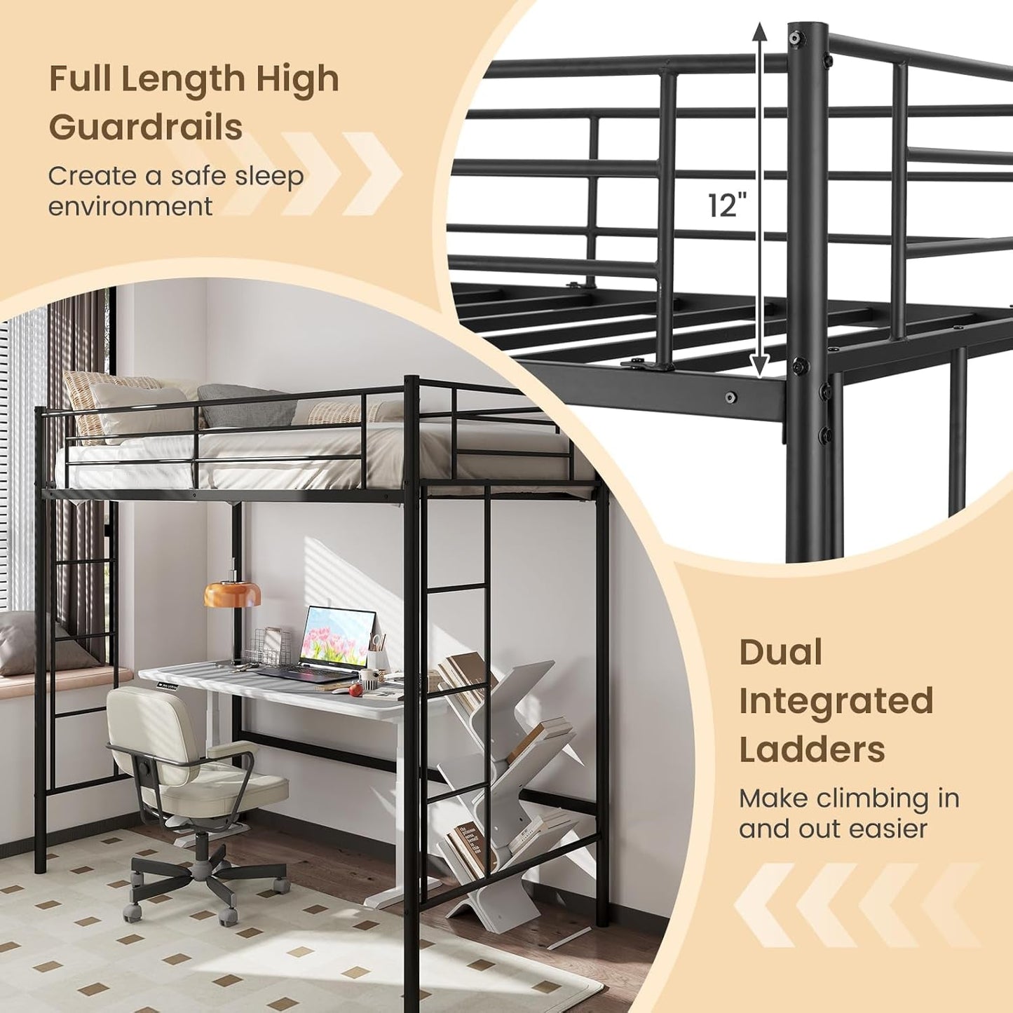 Loft Bed Twin Size, Metal Bedframe with Dual Ladders and Safety Guardrail, Heavy Duty Twin Loft Bunk Beds Frame for Juniors Teens Adults, Noise-Free, Space-Saving, No Box Spring Needed (Black)-4