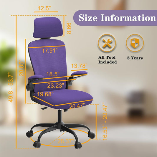 Ergonomic Mesh Office Chair, High Back Computer Desk Chair with Adjustable Lumbar Support & Headrest, Swivel Task Chair with Flip-Up Armrests for Home & Office (English, Purple)-1