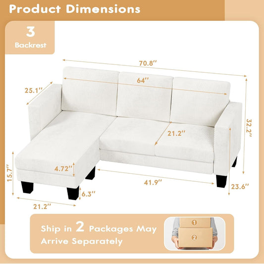 Convertible Sectional Sofa Couch, 3 Seat L-Shaped Sofa with Linen Fabric Ottoman Small Couch for Small Apartments, Living Room and Office (Corduroy, Cream)-1