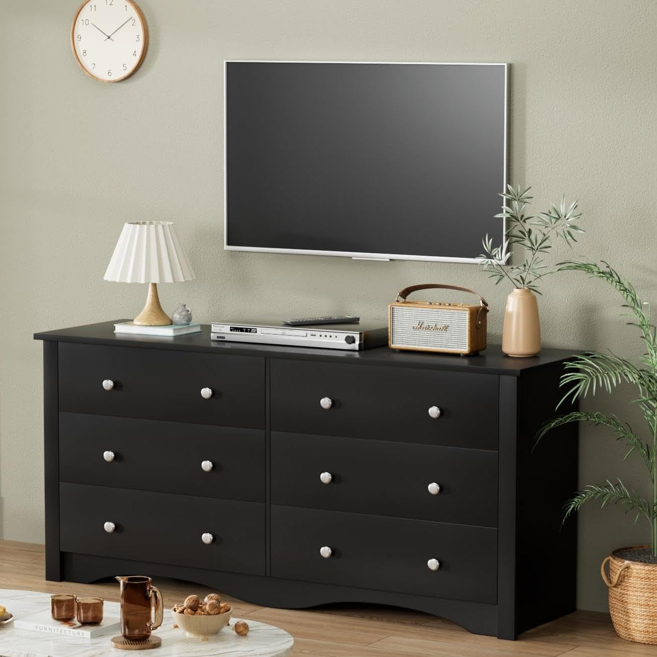 Dresser with 6 Drawer, Wood Wide Chest Storage Organizer and TV Stand for Living Room, Hallway, Dormitory, Black-4