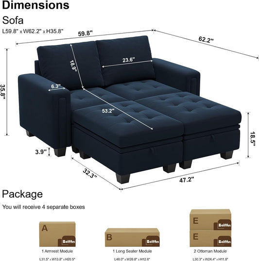 Velvet Modular Sectional Sofa Couch with Storage Convertible Sectional Sleeper Sofa Couch Bed Set with Reversible Chaise Blue-1