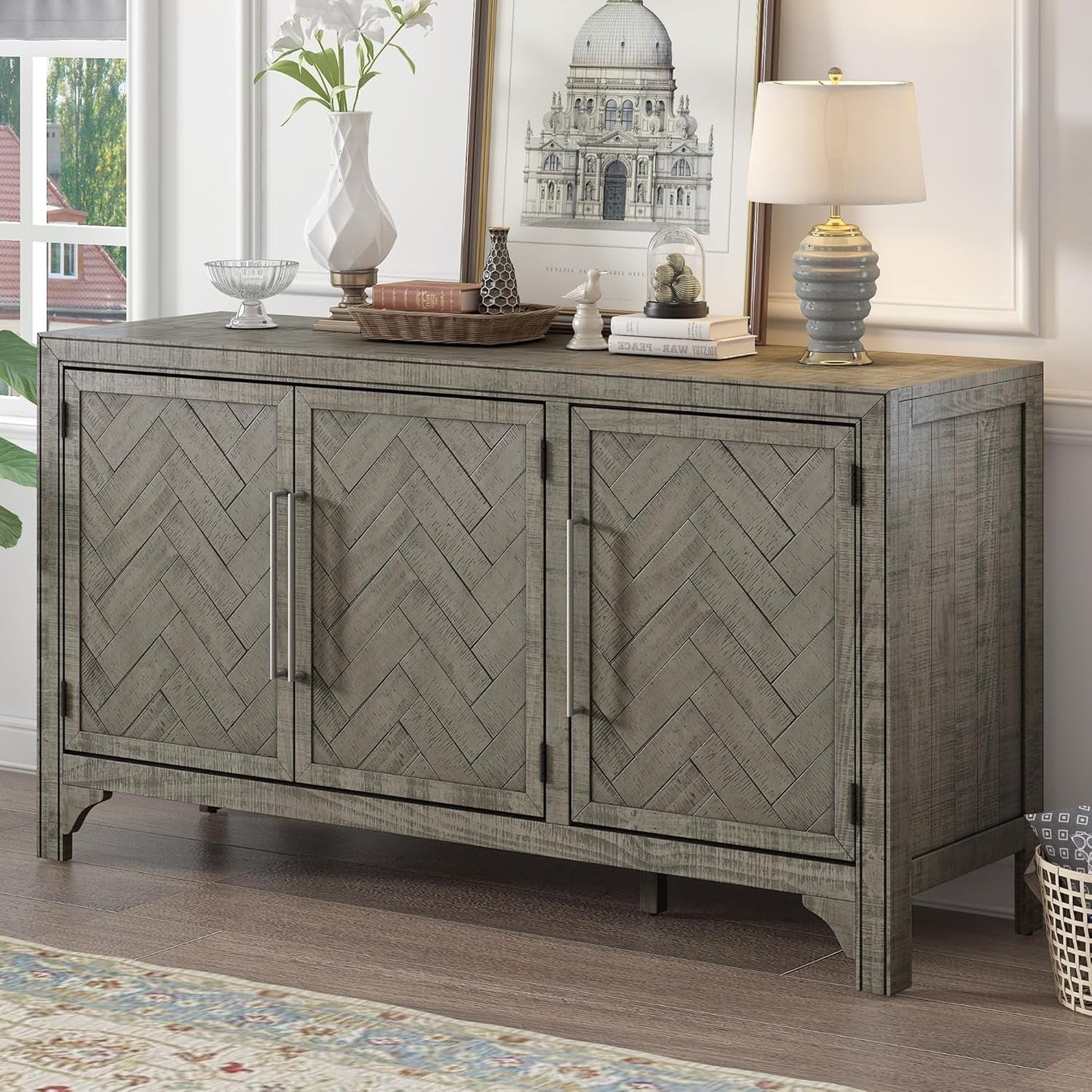 Modern Wood Buffet Sideboard with 3 Doors, Farmhouse Free Standing Storge Cabinet Console Table for Living Room Dinning Room Hallway Gray-0
