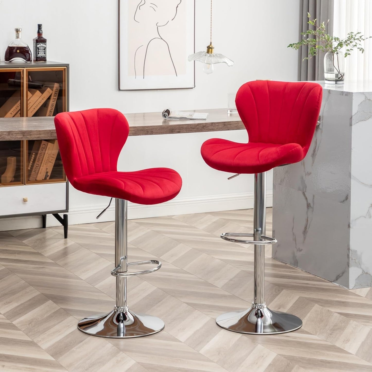 Ellston Velvet Adjustable Swivel Barstools in Red, Set of 2-0