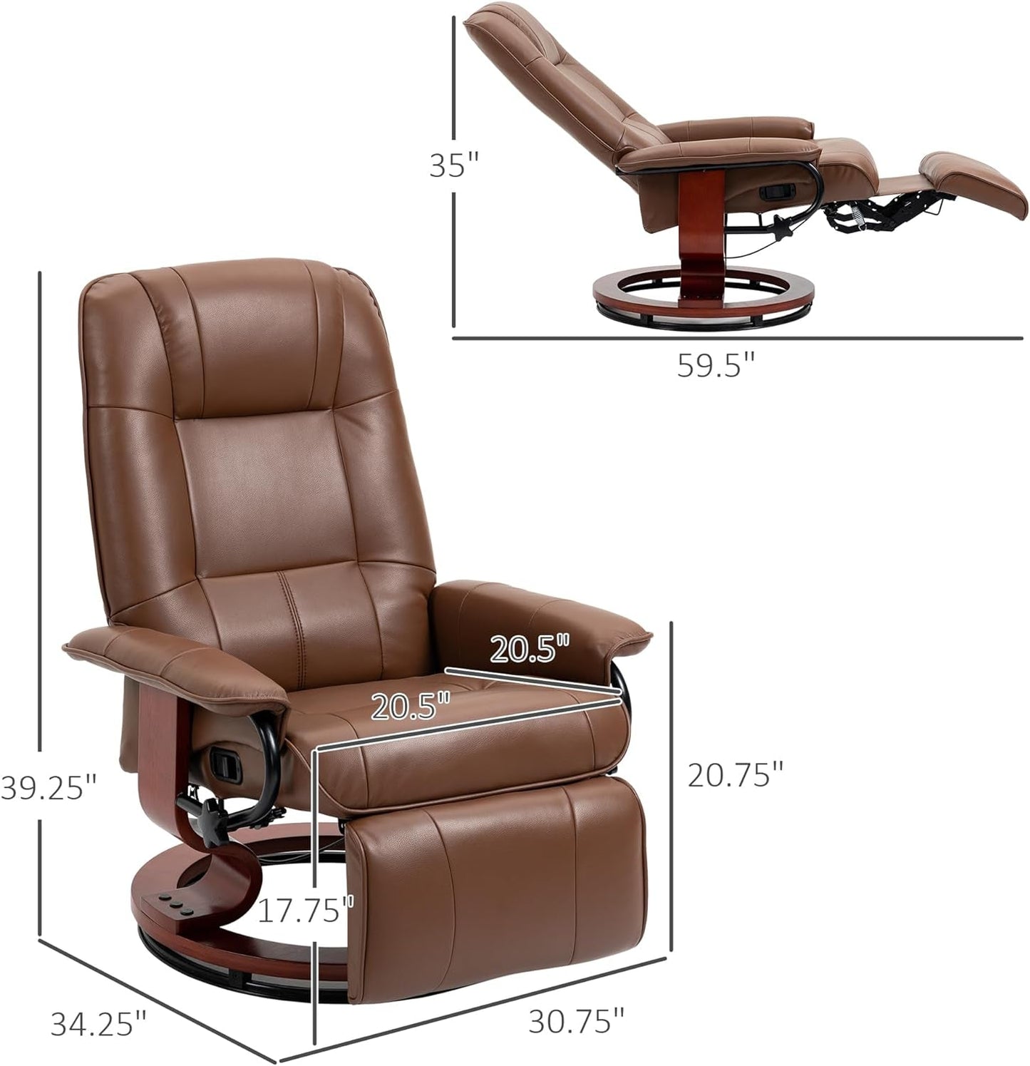 Faux Leather Manual Recliner, Adjustable Swivel Lounge Chair with Footrest, Armrest and Wrapped Wood Base for Living Room, Brown-2