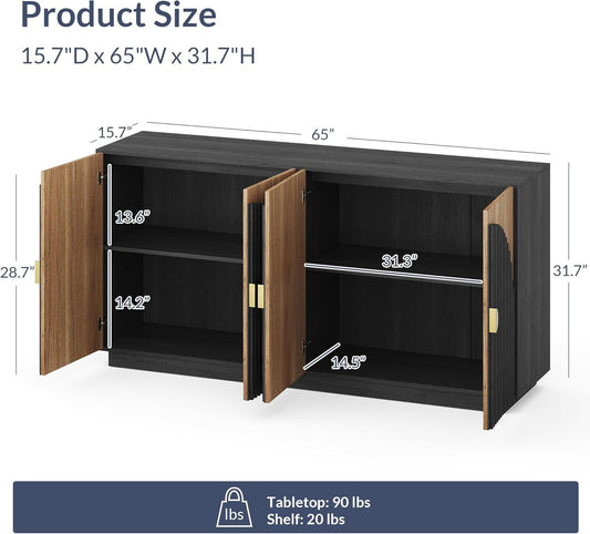 65 Inch Fluted Buffet Cabinet with Storage, Symmetrical Arc Accent Sideboard Large Console Table for Dining Room, Kitchen, and Living Room (Camel)-1