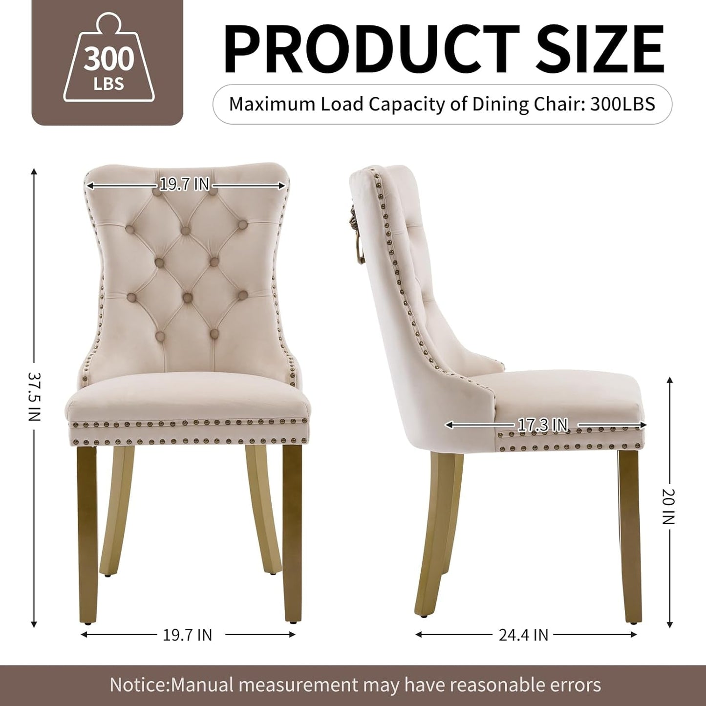 Beige Velvet Dining Chairs Set of 4, Upholstered Dining Room Chairs with Lion Head Pulls Ring and Golden Solid Wood Legs, Modern Button Tufted Kitchen Chairs for Dining Room, Kitchen(Beige)-2