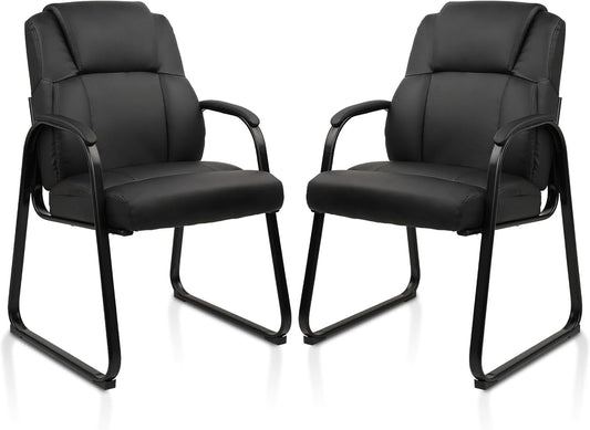 Black Leather Guest Chairs, Padded Arms, Sled Base, 2-Pack-1