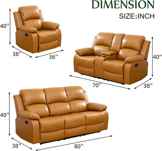 Leather Recliner Sofa Set,Leather Reclining Sofa Set for Living Room Furniture Sets,Ginger Recliner Couch Set for Living Room/Office/Theater Seating(Sofa Set 3 Pieces)-1