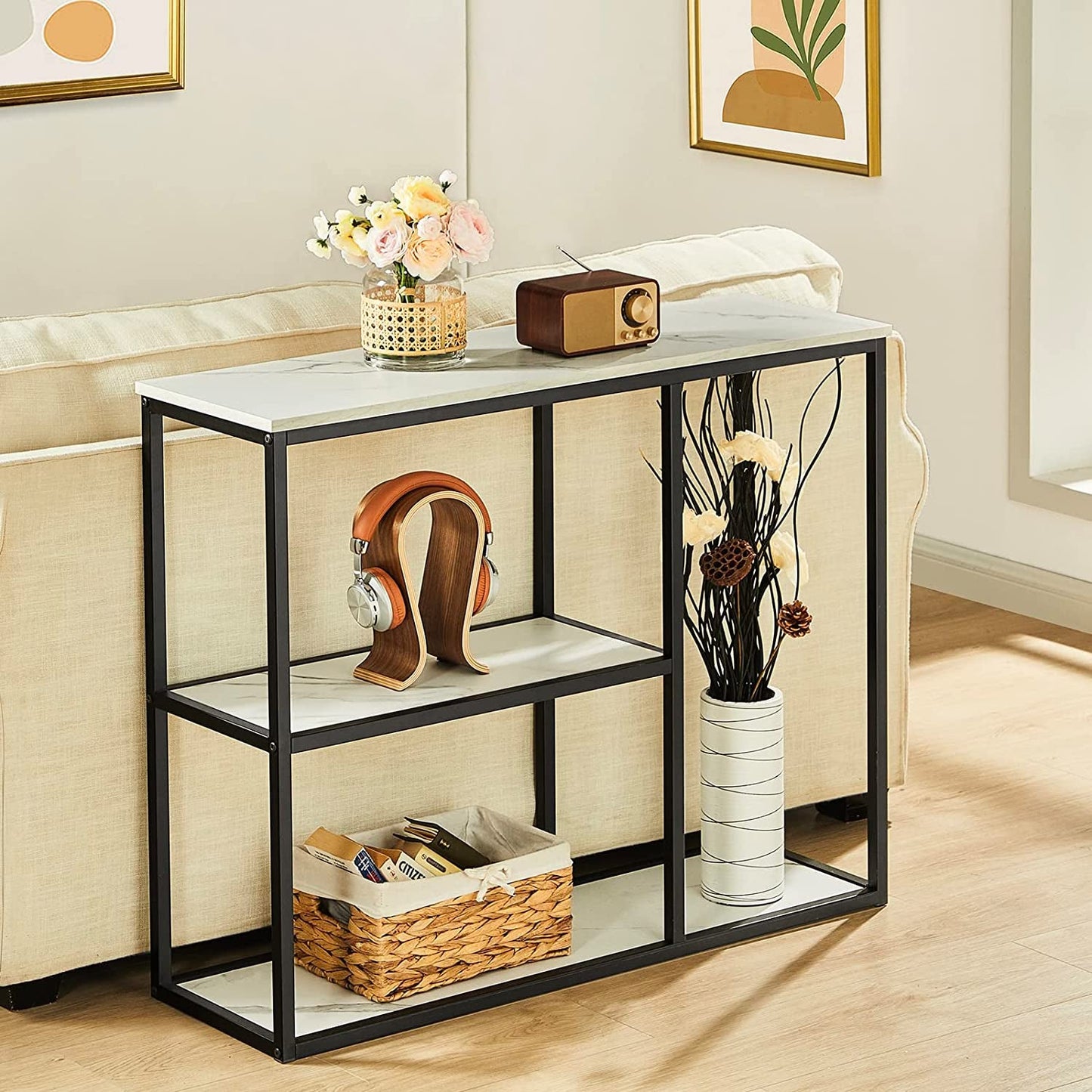 Modern Industrial Sofa Table with Storage Shelves-4