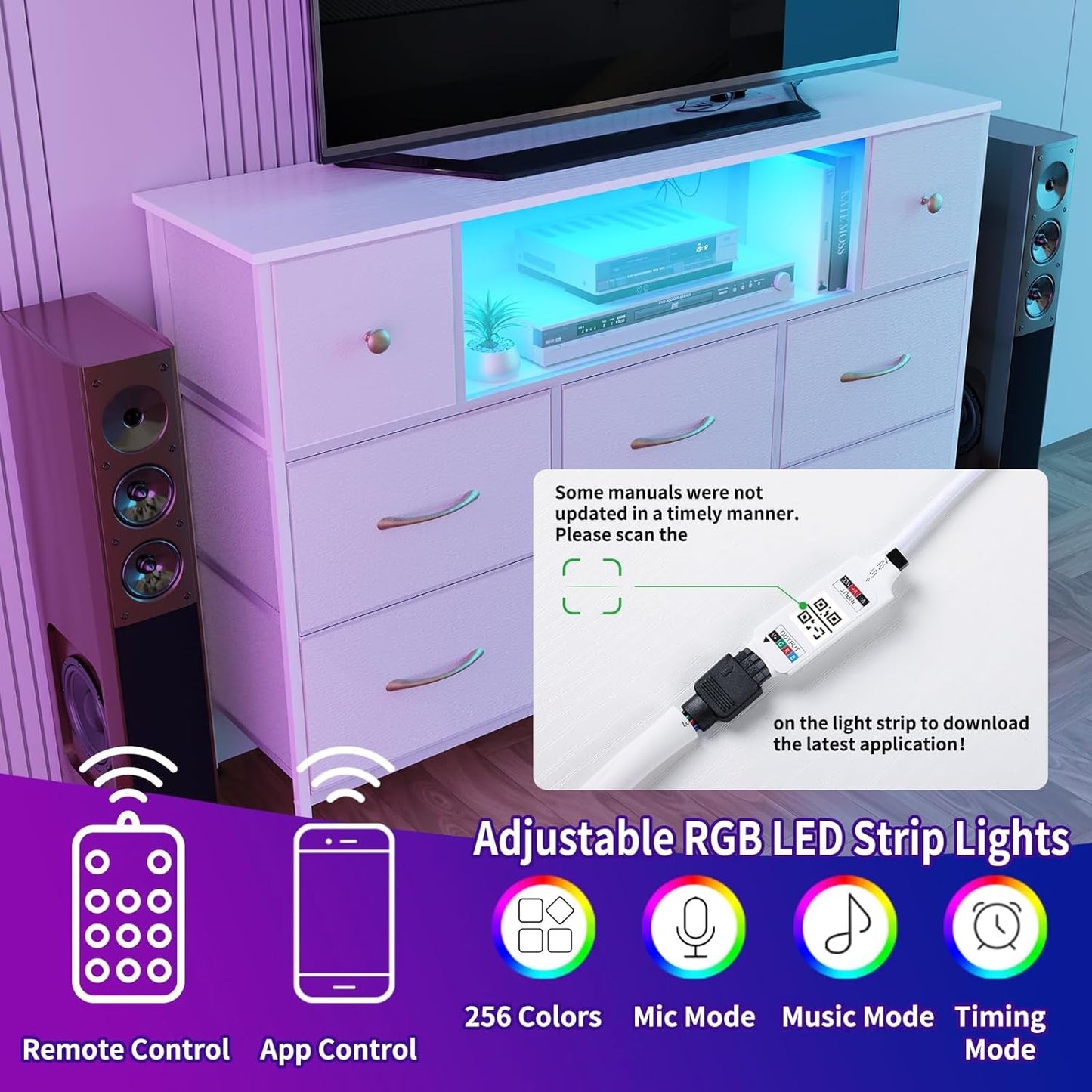 Dresser for Bedroom with Power Outlets and LED Lights, White 55" TV Stand with 8 Drawers, Fabric Chest of Drawers with PU Finish for Living Room, Entryway-4