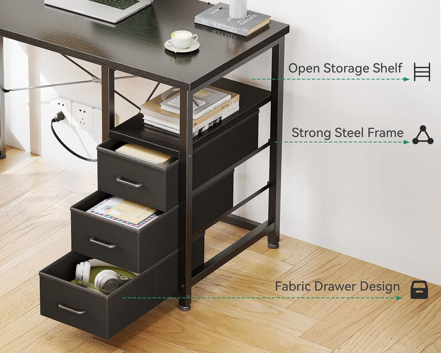 32-Inch Small Computer Desk with Fabric Drawers and Charging Station, Kids Girls Teen Study Writing Desk for Bedroom, Home Office Desk with Storage Shelf & Bag, Vanity Table for Small Space,Black-3