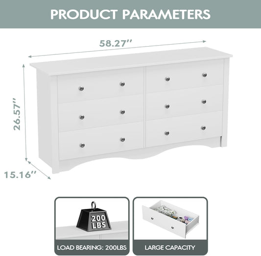 Dresser with 6 Drawer, Wood Wide Chest Storage Organizer and TV Stand for Living Room, Hallway, Dormitory, White-1