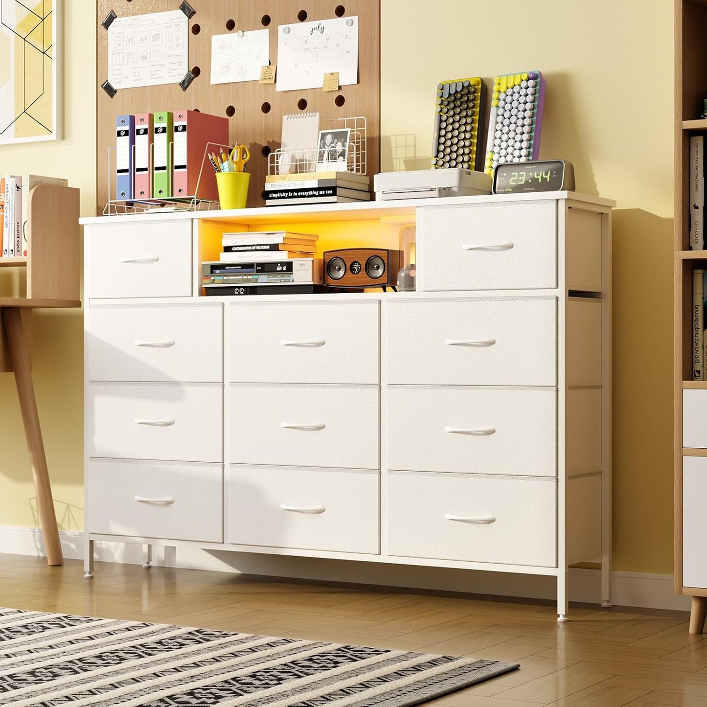 Long Dresser for Bedroom with Charging Station and LED Lights, White Dresser TV Stand with 11 Drawers, Fabric Chest of Drawers with PU Finish for Bedroom, Living Room, Entryway-1