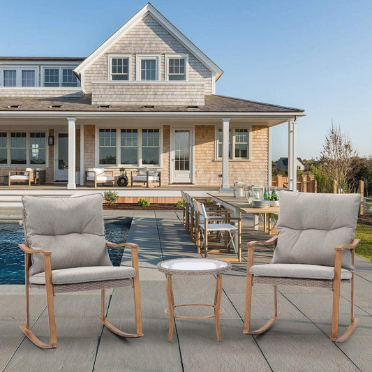 3-Piece Outdoor Rocking Chairs Bistro Set Wicker Patio Furniture Set Wood Arm Rest Patio Rockes Set W Warm Gray Cushions, Front Porch Rocking Chairs with Glass Coffee Table for Balcony,Garden-1