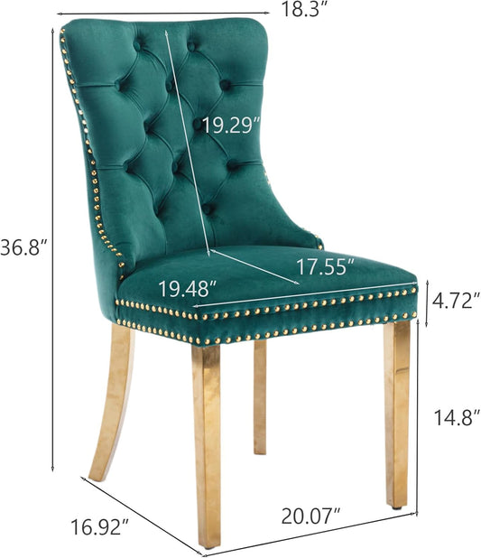 Velvet Dining Chair Set of 2, Upholstered Tufted Dining Room Chair with Nailhead Trim and Stainless Steel Gold Plated Leg for Kitchen, Green-1