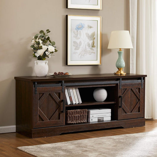 Farmhouse TV Stand Modern Sliding Barn Door Entertainment Center for Tvs up to 65 Inch, Wood TV Media Console Table Cabinet Storage for Living Room, Rustic Brown-1