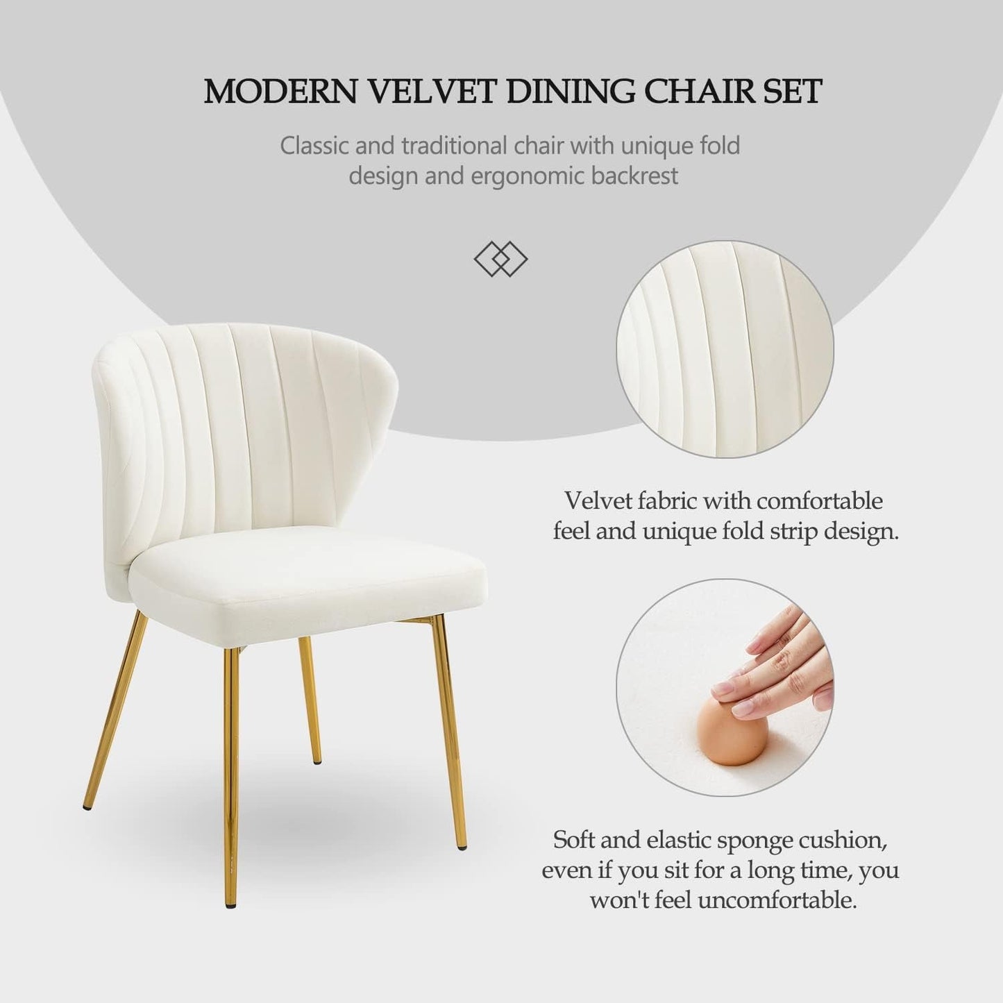 White Velvet Dining Chairs Set of 4, Modern Dining Chairs with Golden Metal Legs, Tufted Upholstered Dining Chairs for Dining Room/Kitchen/Vanity-2