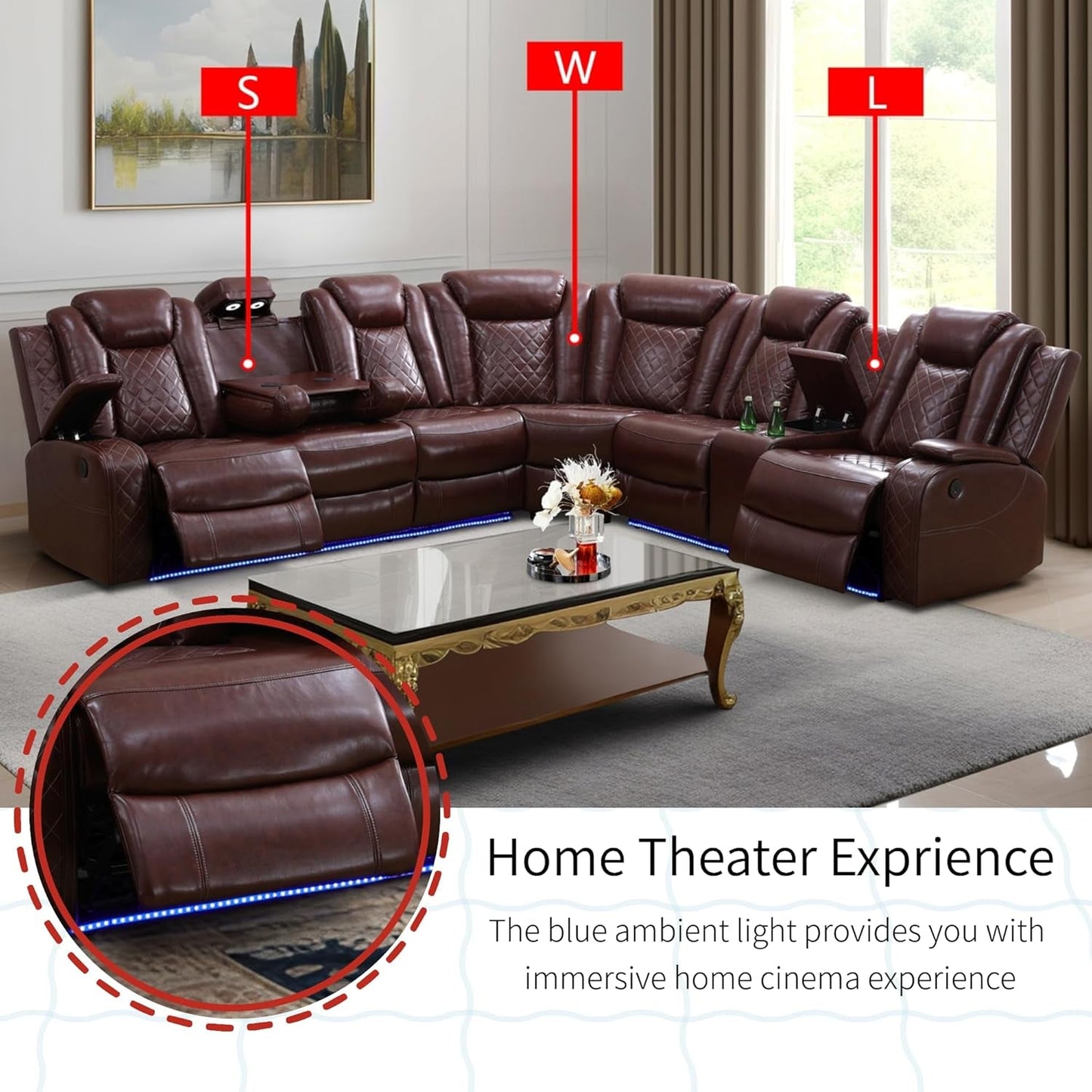 Power Recliner Sofa Sectional Sofa with LED Light for Living Room, Air Leather Reclining Corner Sectional Sofa Set, Cup Holder, Storage Console for Home Theater Seating (Burgundy, Sectional)-4