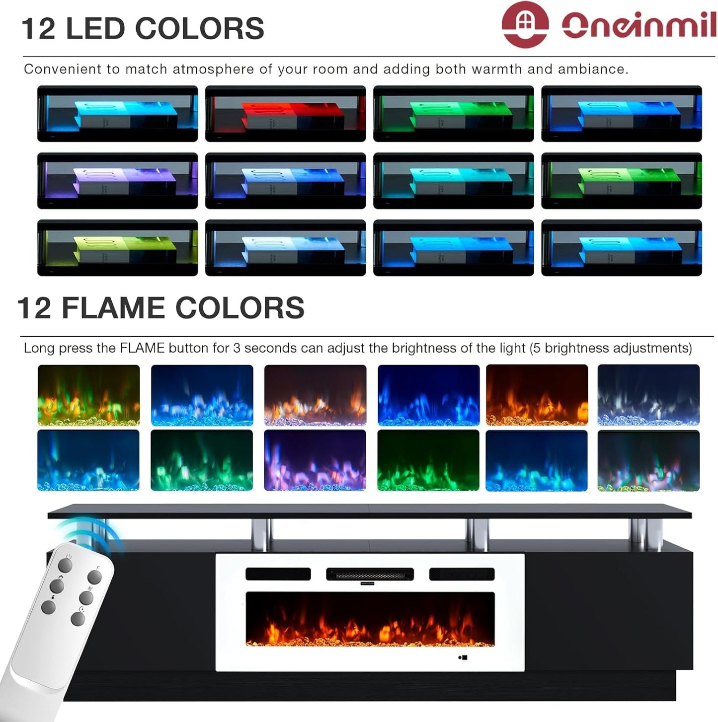 Fireplace TV Stand with 36” Electric Fireplace, 80” 2 Tier TV Console Stand for Tvs up to 90", LED Light Entertainment Center, Fireplace for the Living Room TV Stand, Black-2