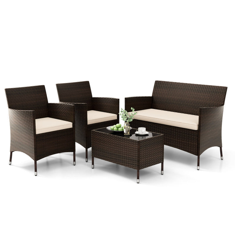 4 Pieces Comfortable Mix Brown Outdoor Rattan Sofa Set with Glass Coffee Table-2