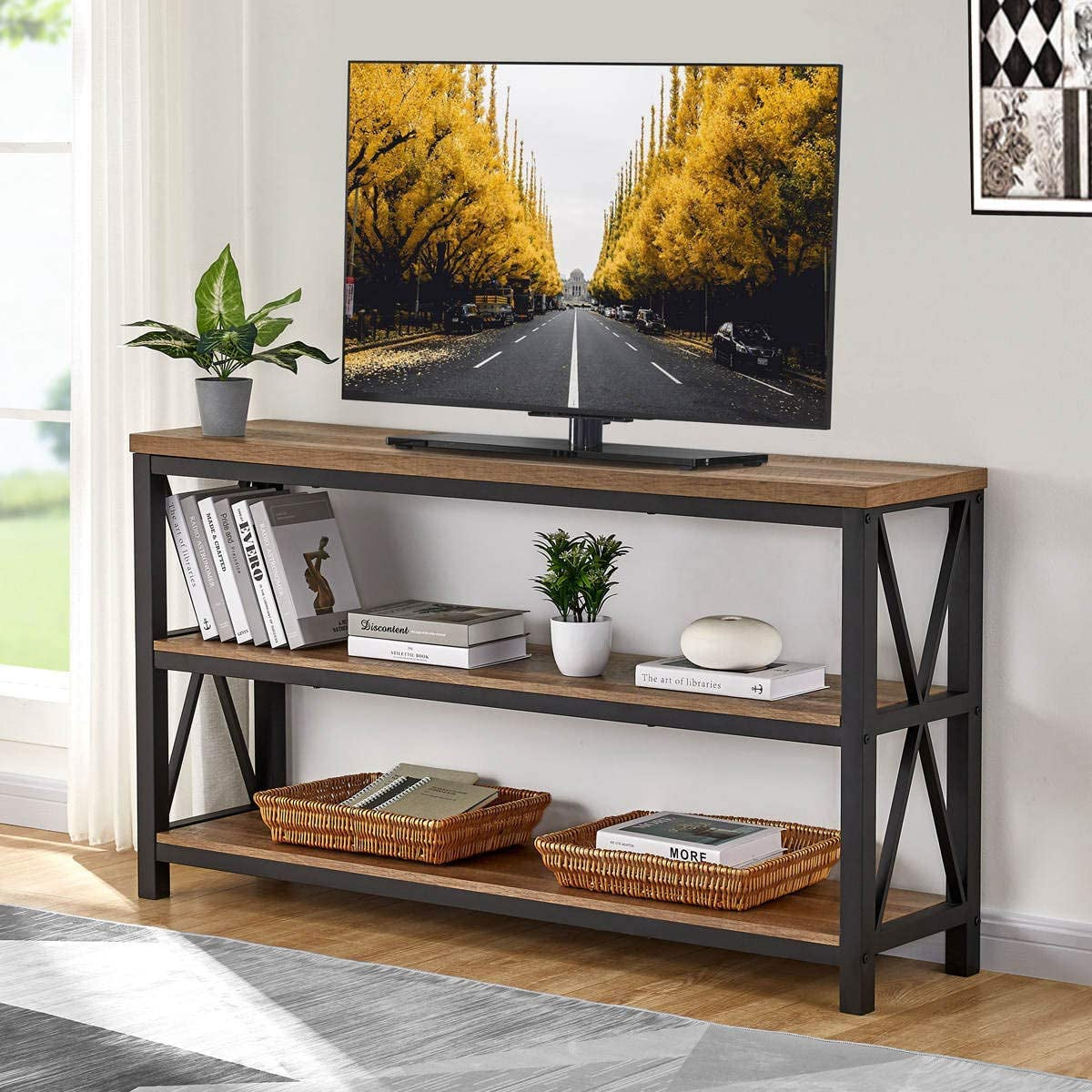 Rustic Wood Console Table with 3 Shelves-4