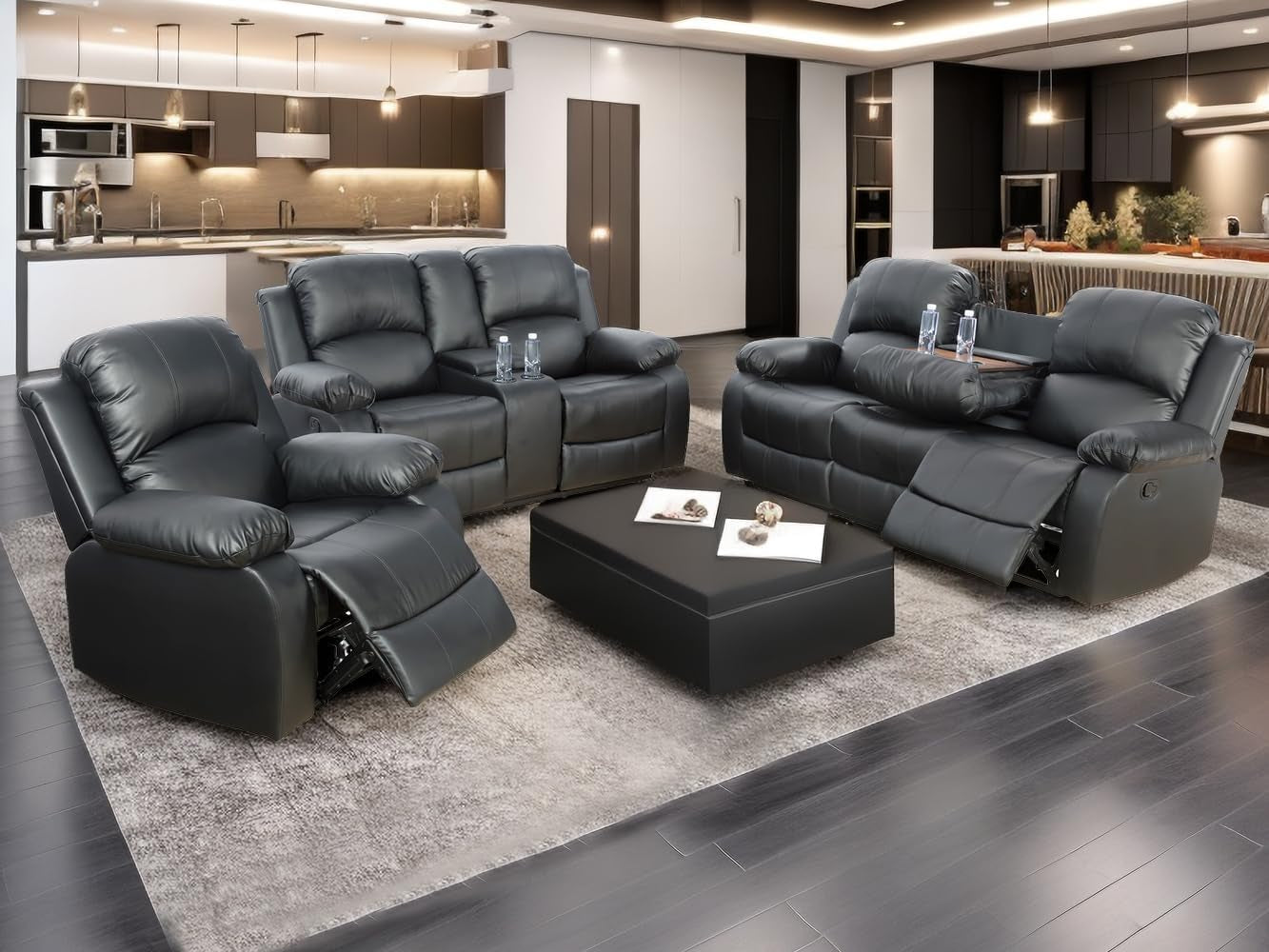 Bonded Leather Reclining Sofa Set with Cup Holders and Storage Console-0
