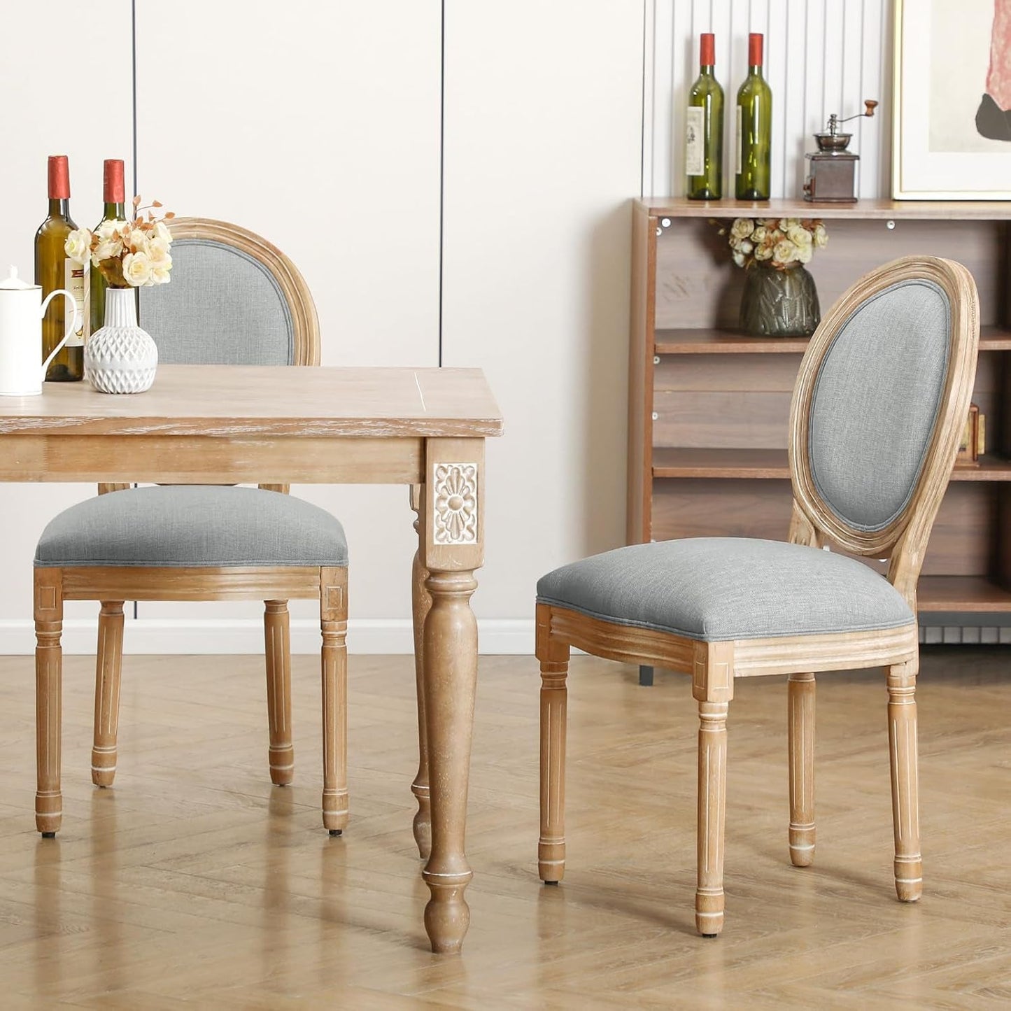 French Country Dining Chairs Set of 2, Upholstered Dining Room Chairs with round Back Farmhouse Kitchen Chairs for Living Room, Kitchen, Restaurant (Lightgrey-Round)-1
