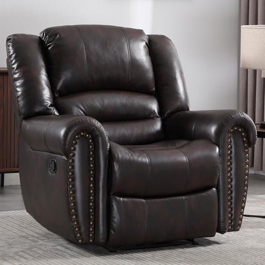 Leather Recliner Chair, Classic and Traditional Manual Recliner Chair with Comfortable Arms and Back Single Sofa for Living Room, Dark Brown-1