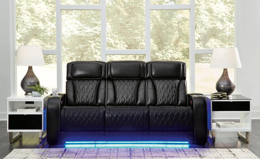 Boyington Contemporary Leather Match Power Reclining Sofa with Adjustable Headrest, Cup Holder, USB Charging Ports, Air Massage System and LED Lighting, Black-1