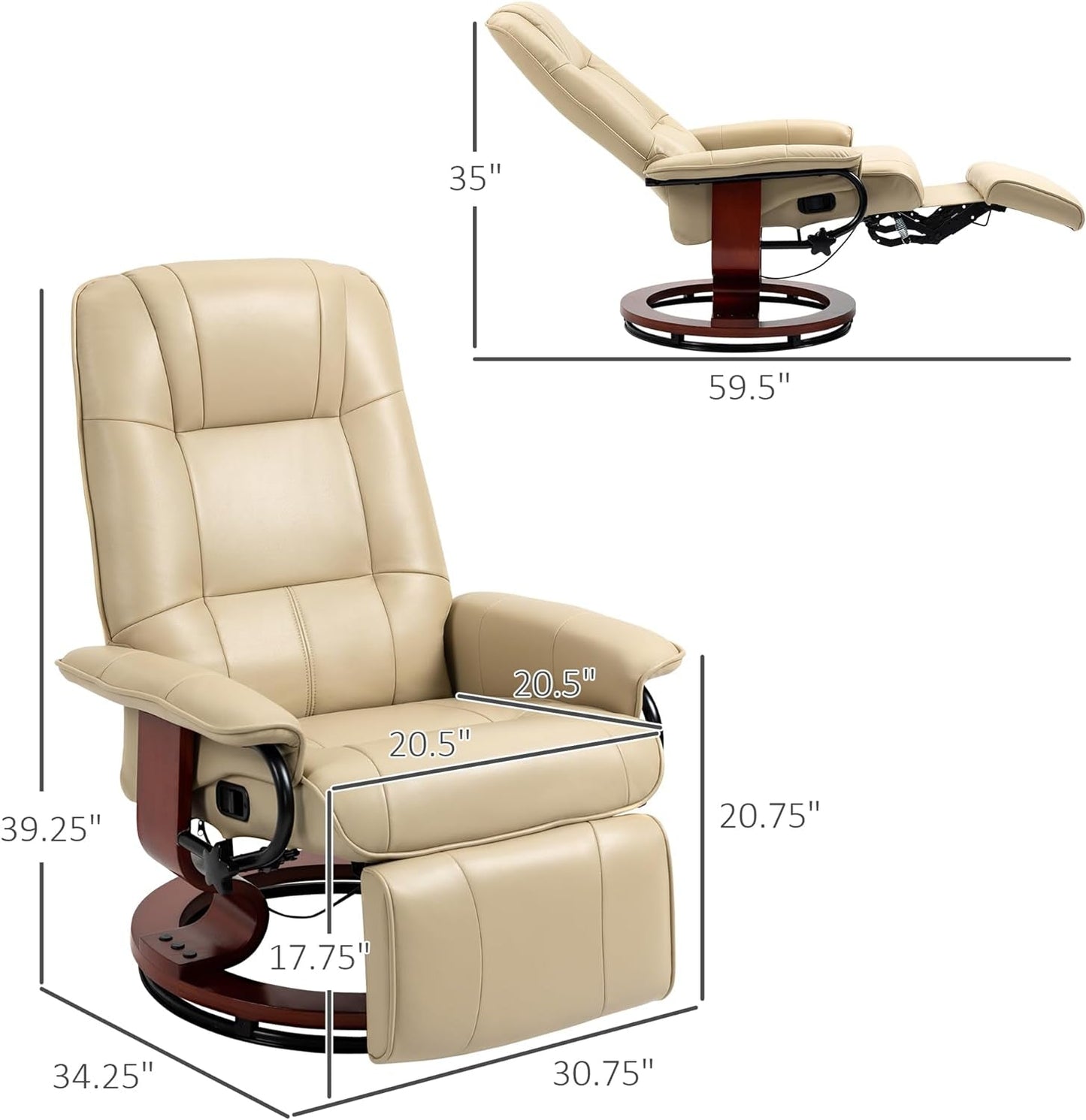 Faux Leather Manual Recliner, Adjustable Swivel Lounge Chair with Footrest, Armrest and Wrapped Wood Base for Living Room, Cream White-2