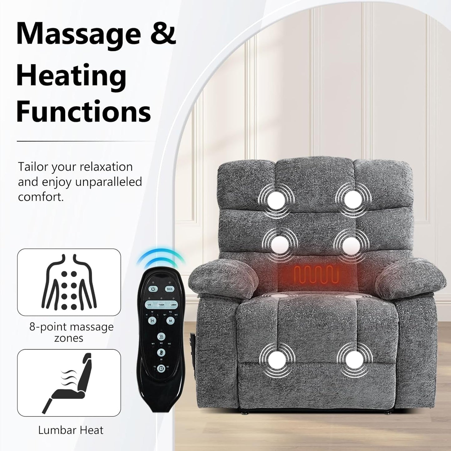 Lay Flat Recliner with Vibration Massage and Lumbar Heating, 26'' Wide Recliner Chair with Infinite Position and 2 Remote Controls, Soft Chenille Lift Recliner for Living Room, Gray-4