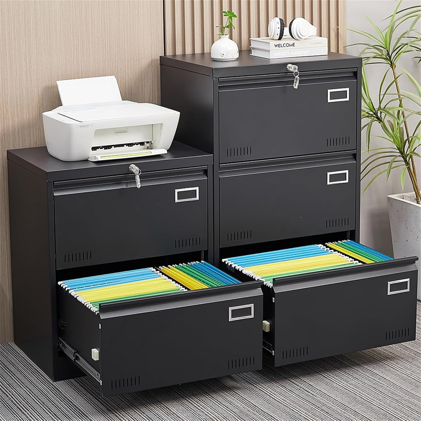 Lateral File Cabinet 3 Drawer File Cabinet with Lock and Card Holder, Metal Steel Lockable Drawer File Cabinets under Desk for Home Office Legal/Letter/F4/A4 Black-1