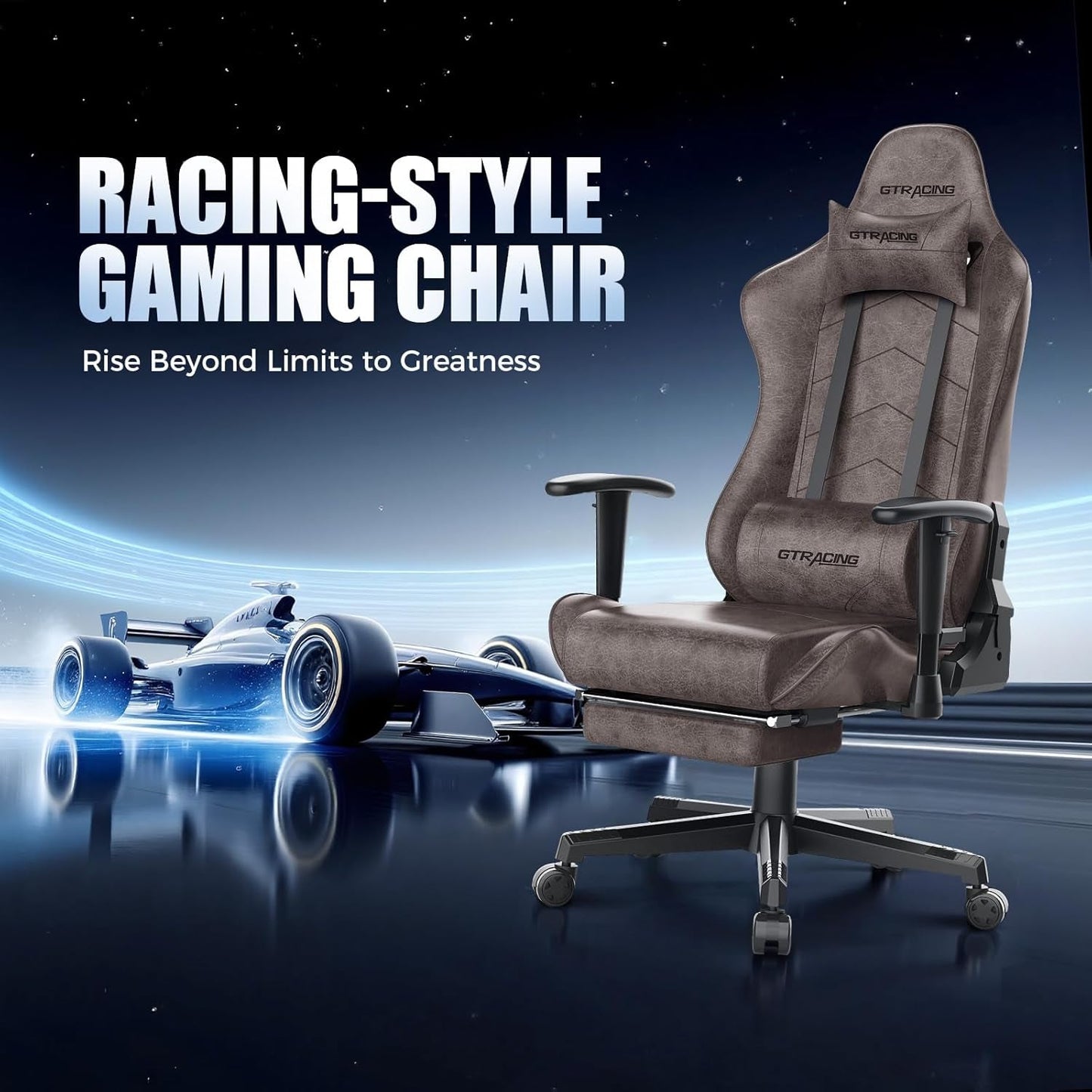 Gaming Chair with Footrest, Racing Style Computer Chair for Adult, Adjustable Reclining Backrest and Lumbar Support, Stylish High Back Chair for Gaming and Office (Brown)-2