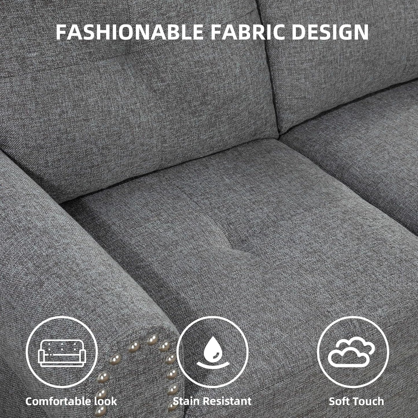 L Shaped Sectional Sofa with Ottoman, Nail-Head Design Linen Right Facing Modern Couches with Cup Holder for Living Room, Bedroom, Office-4